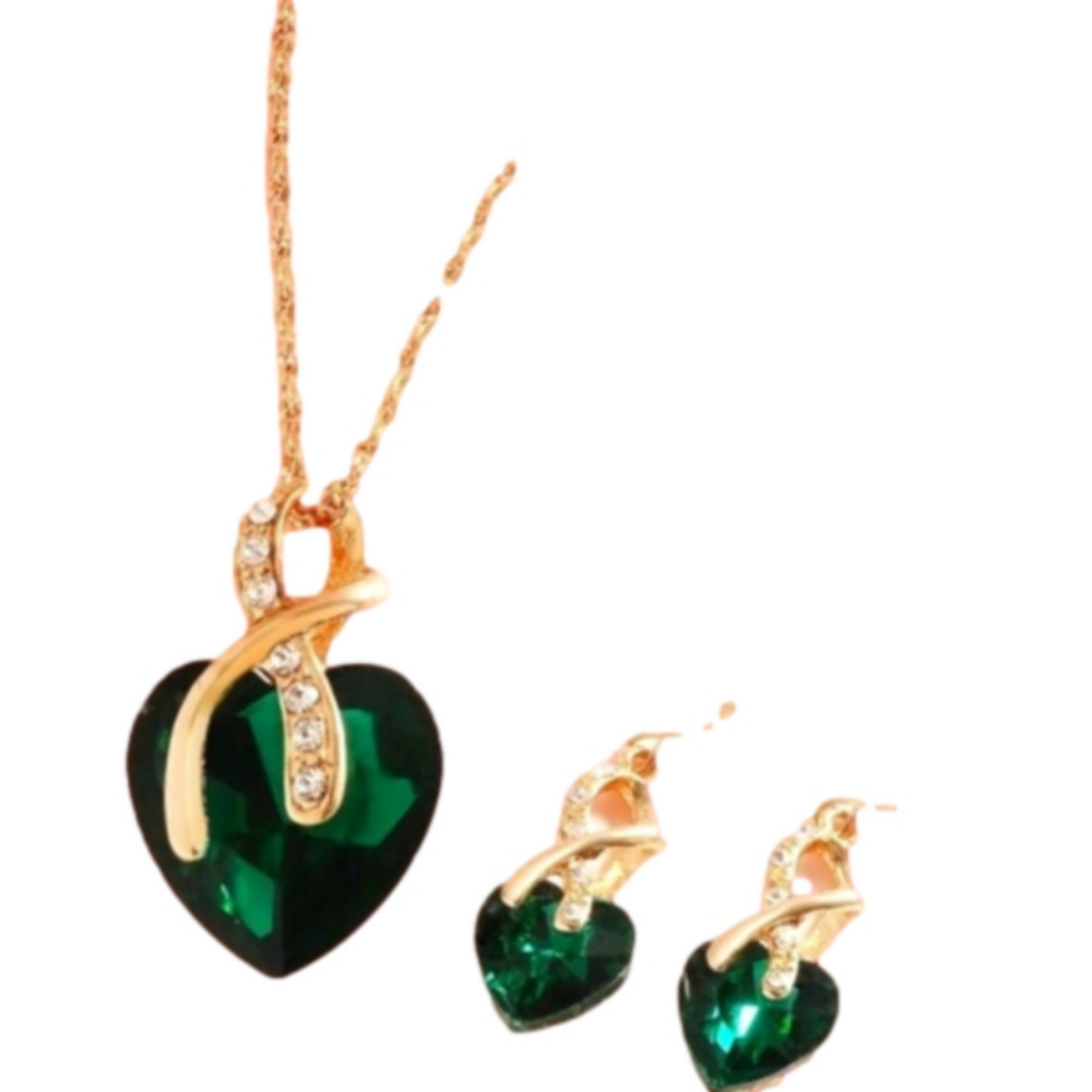 May ♉ Birthstone Emerald / Rhinestone Goldtone Necklace Pendant & Earrings NWT